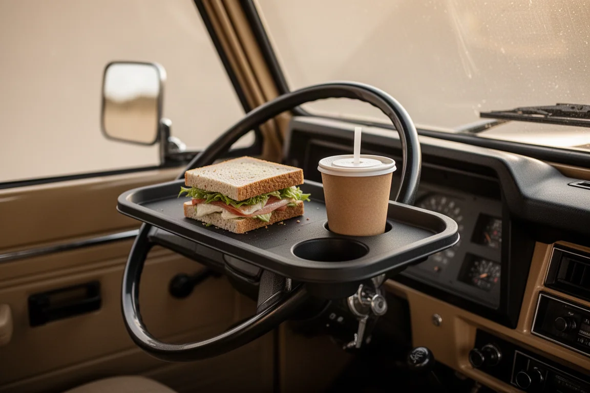 Lunch tray set up inside a car with food and a drink on it