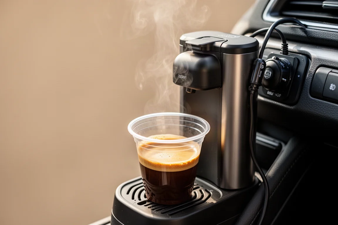 Portable coffee maker brewing a small espresso inside a car
