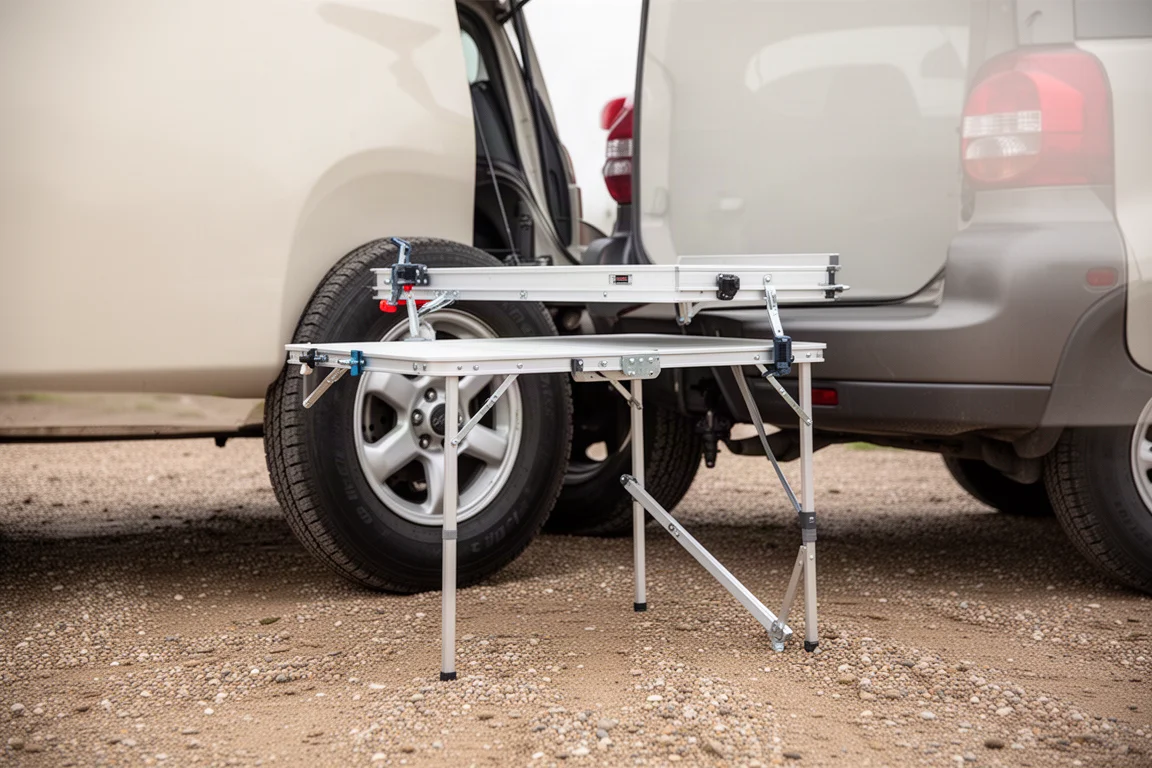 Folding table mounted on the spare tyre of a parked SUV outdoors