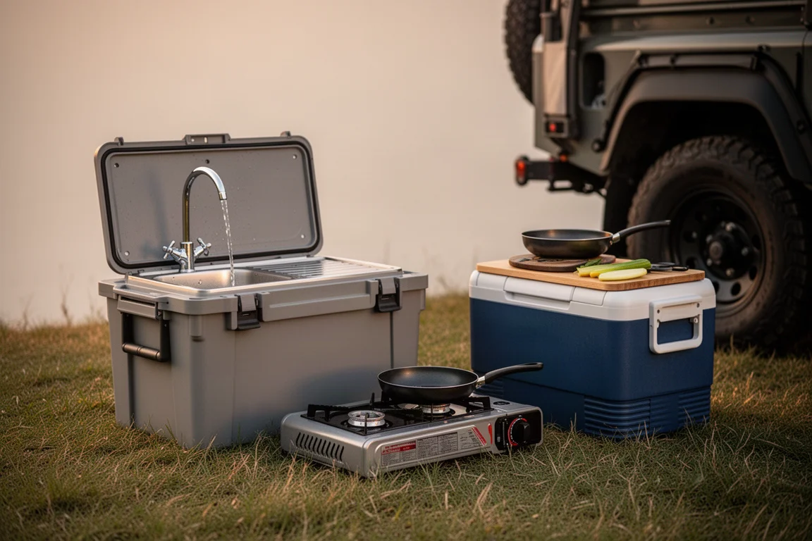 Compact camp kitchen box with a pop-up sink and stove arranged on the ground