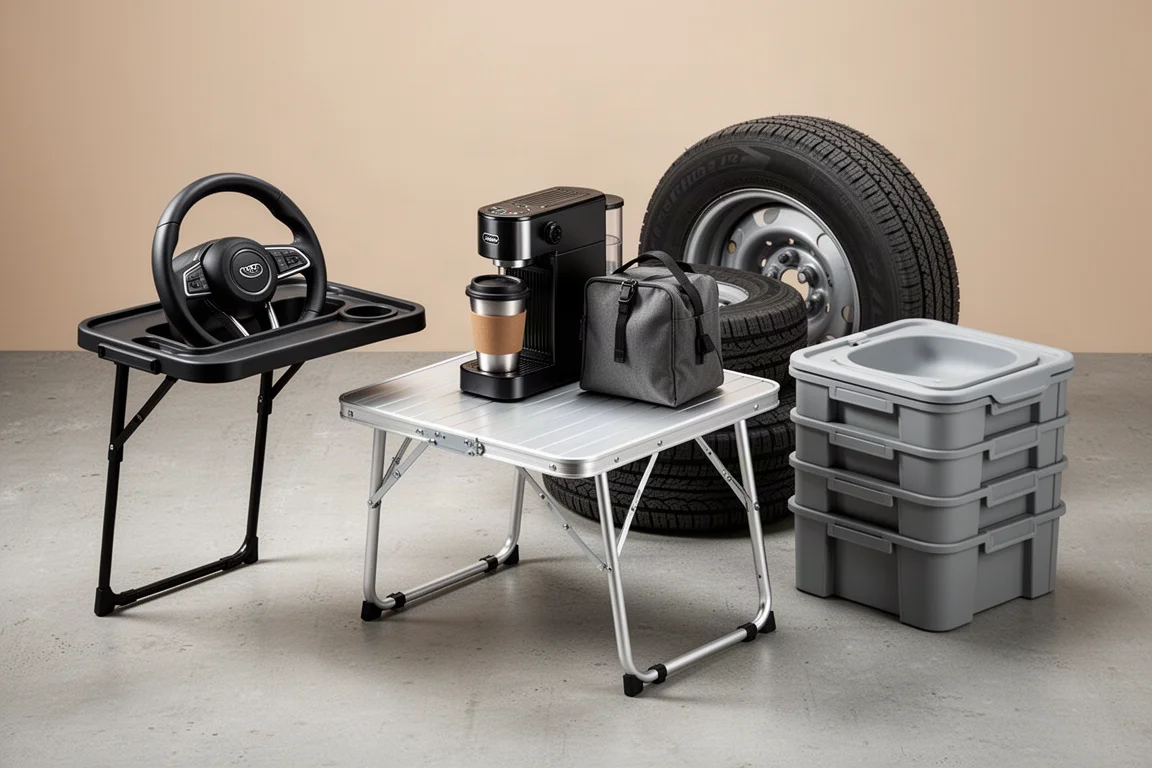 Four car travel food gadgets arranged on a concrete surface