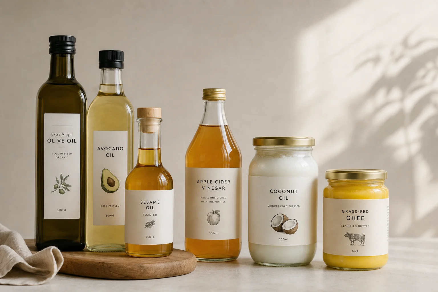 Botellas de aceites de cocina, vinagre y condimentos líquidos en un estante de cocina