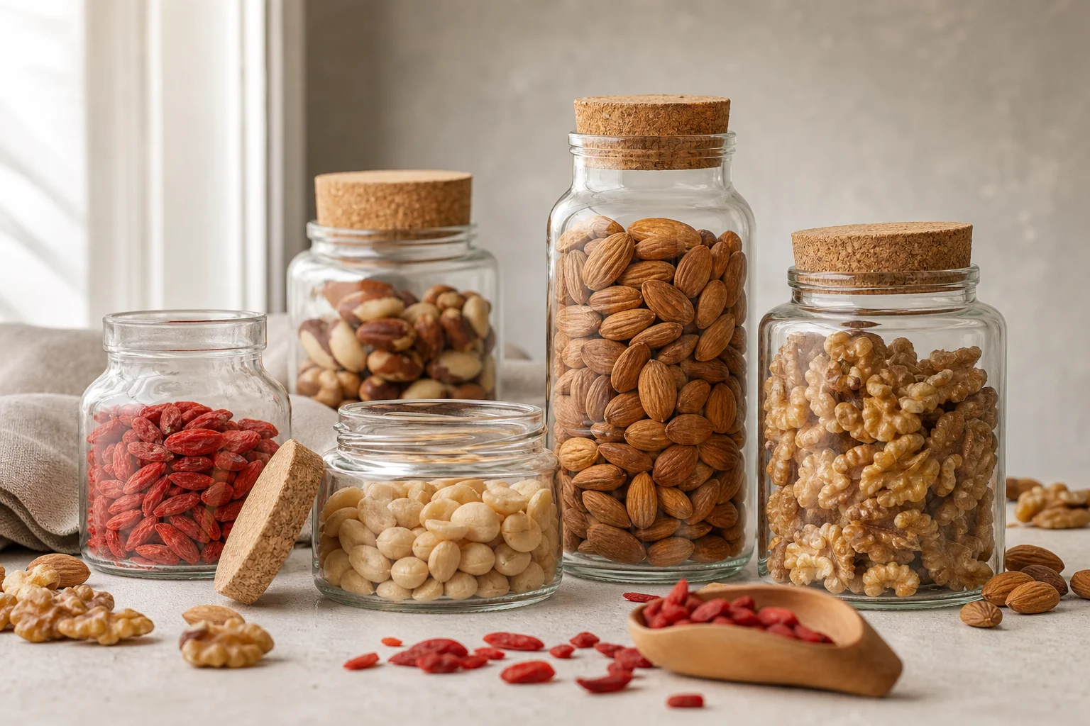 Frutos secos, nueces y bayas de goji en recipientes de vidrio