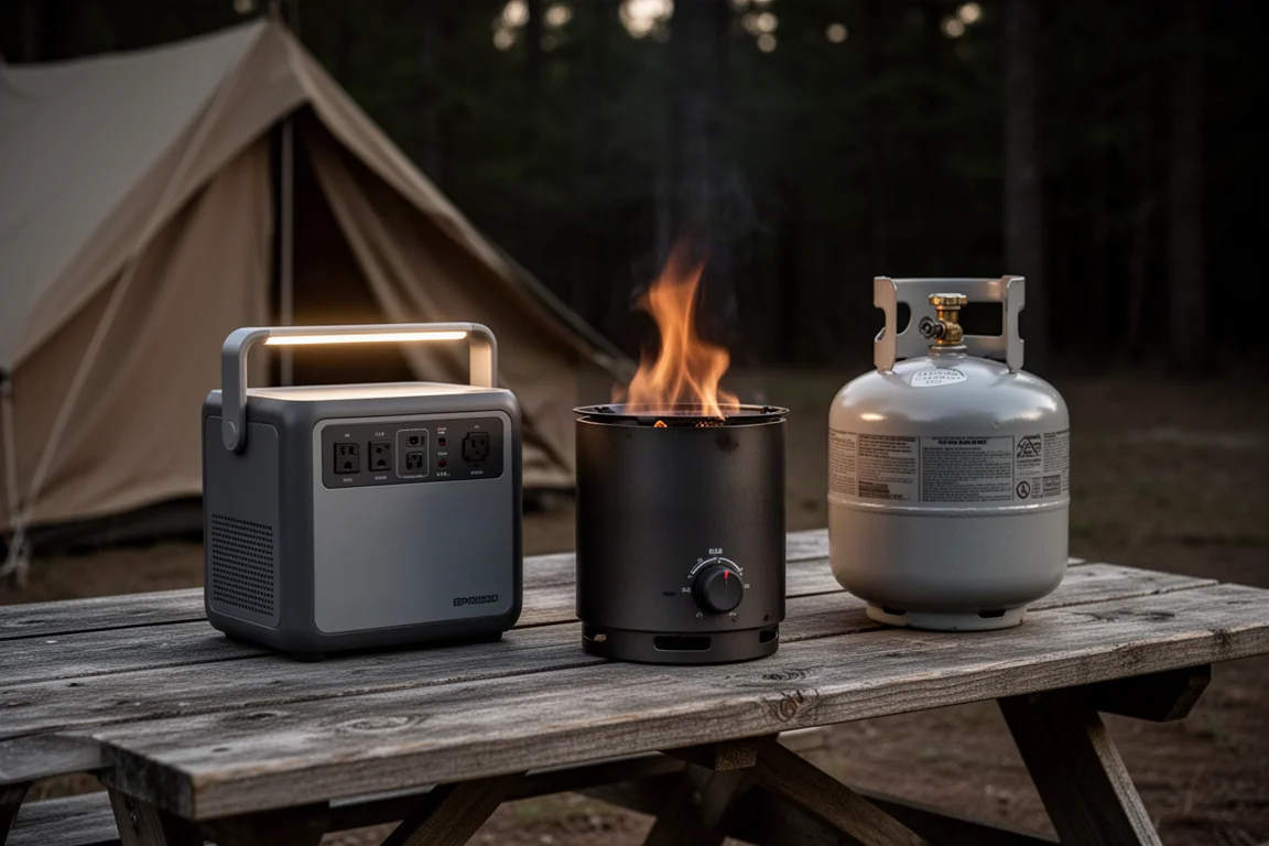 Portable power station, propane fire pit, and propane tank on a picnic table at a campsite
