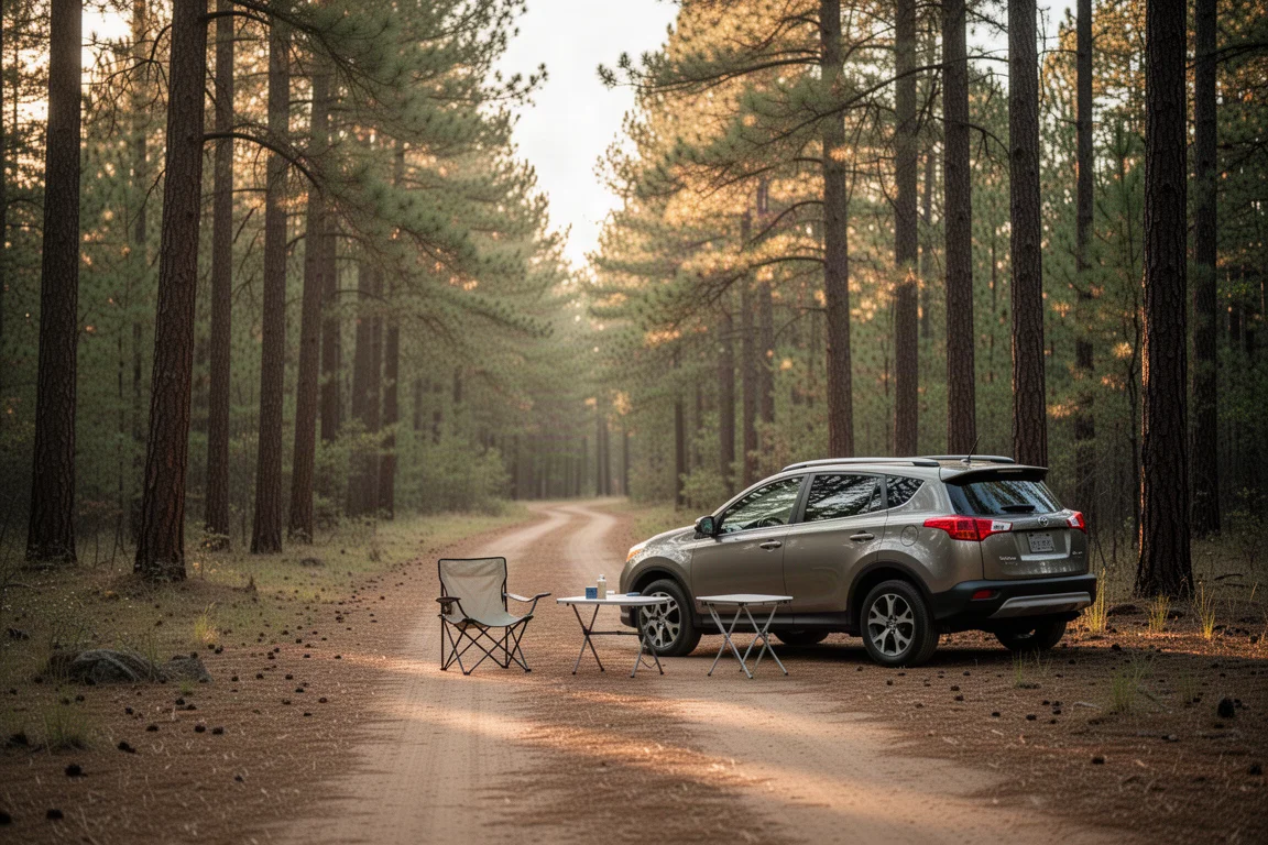 Dispersed car camping site in a pine forest at golden hour with a small crossover parked nearby