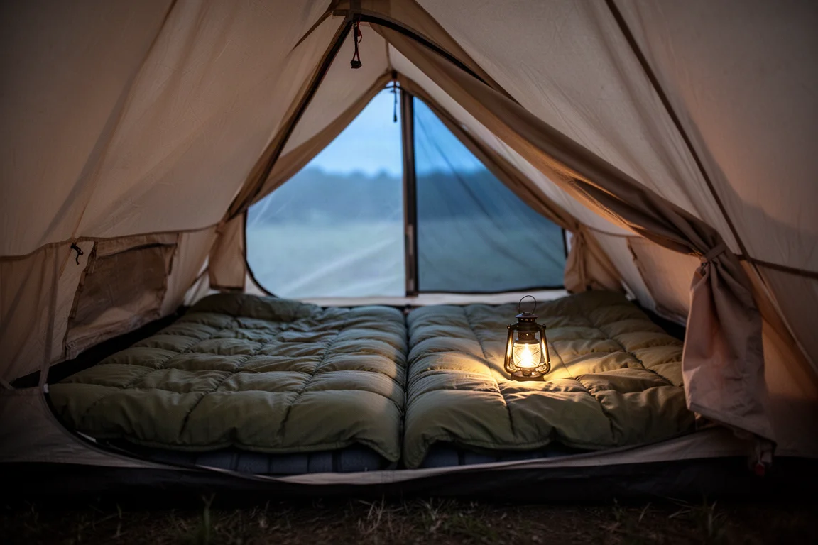 Interior of a large camping tent at dusk with a double mattress and an olive comforter quilt