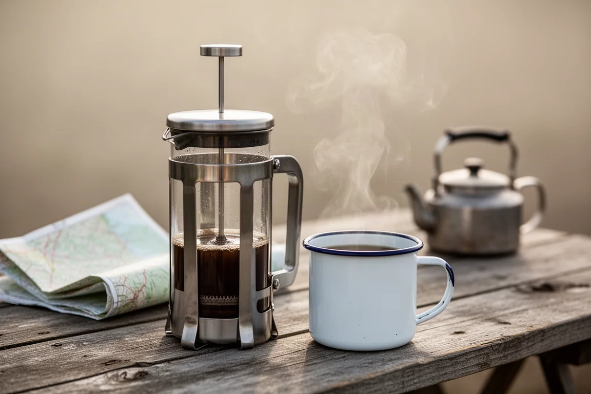 Insulated coffee press with steam rising beside a filled enamel mug on a wooden camp table
