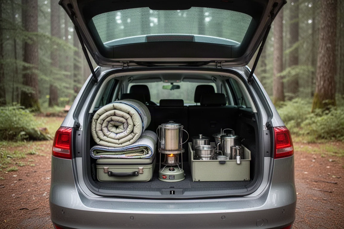 Open car trunk at a forest campsite packed with a mattress, quilt, stove case and storage box