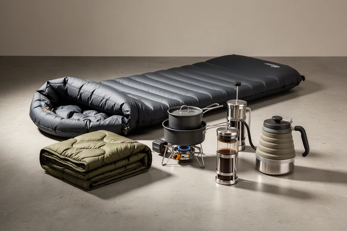 Equipamentos de sono e cozinha para camping de carro dispostos sobre uma superfície de concreto