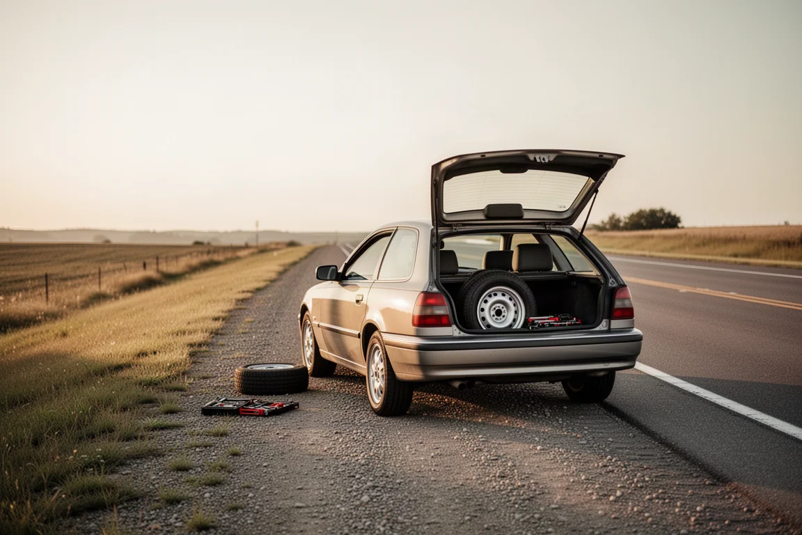 Driver changing a flat tire on the shoulder of a rural highway