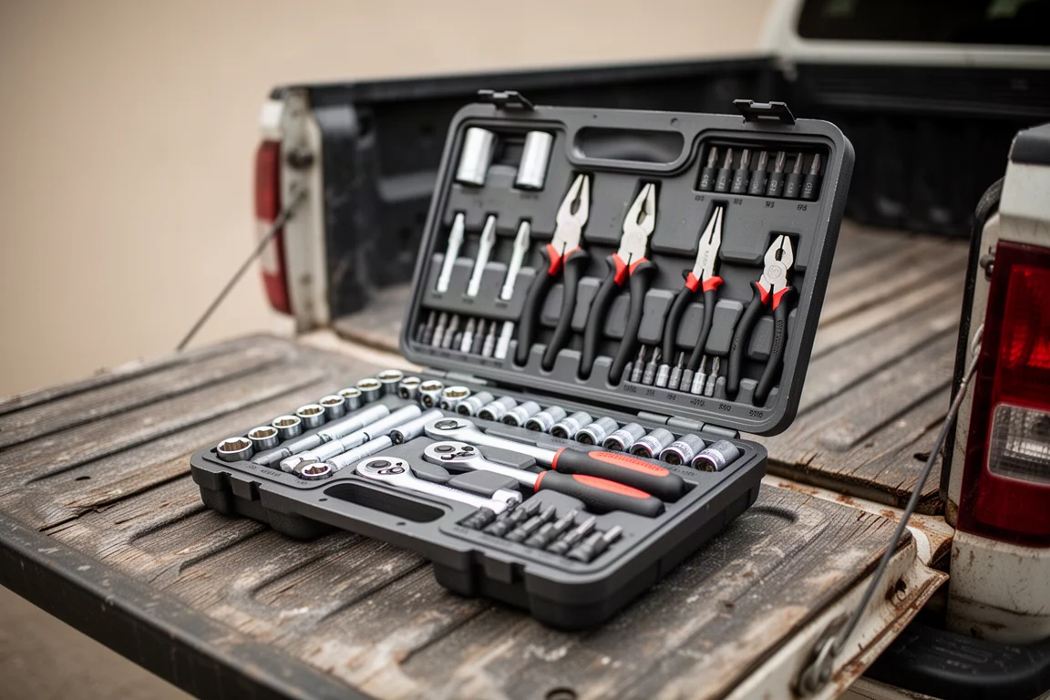 Open tool set case with sockets and pliers laid out on a truck tailgate