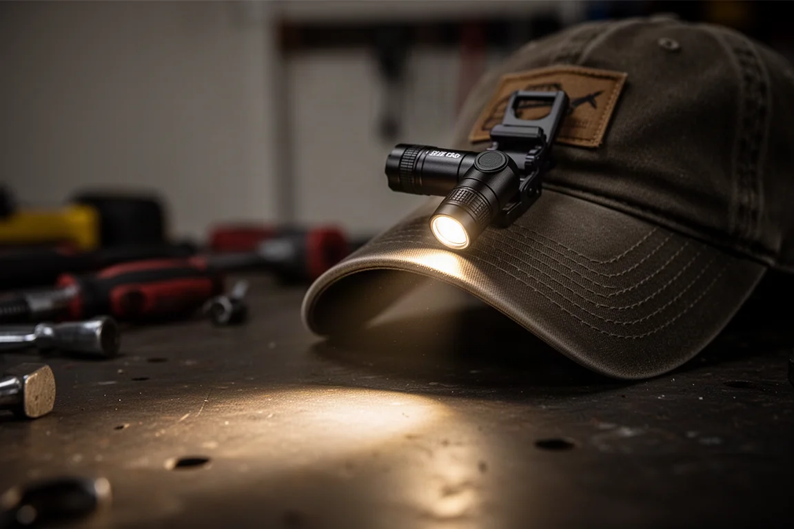 Compact right-angle flashlight clipped to a cap casting light in a dark garage