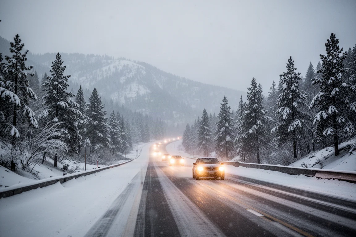 Snow-covered mountain highway during a winter storm at dusk