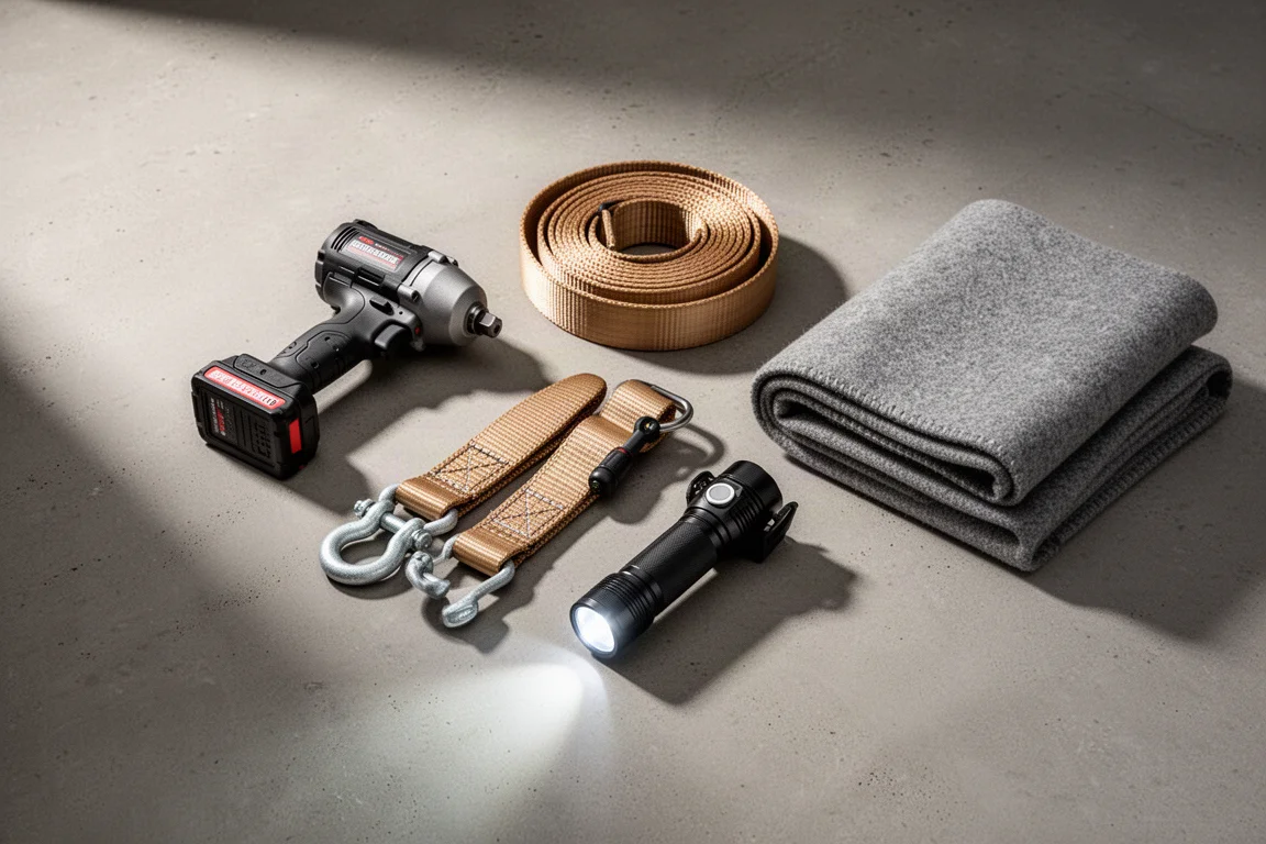 Flat-lay of automotive emergency gear including tow strap, flashlight, and wool blanket