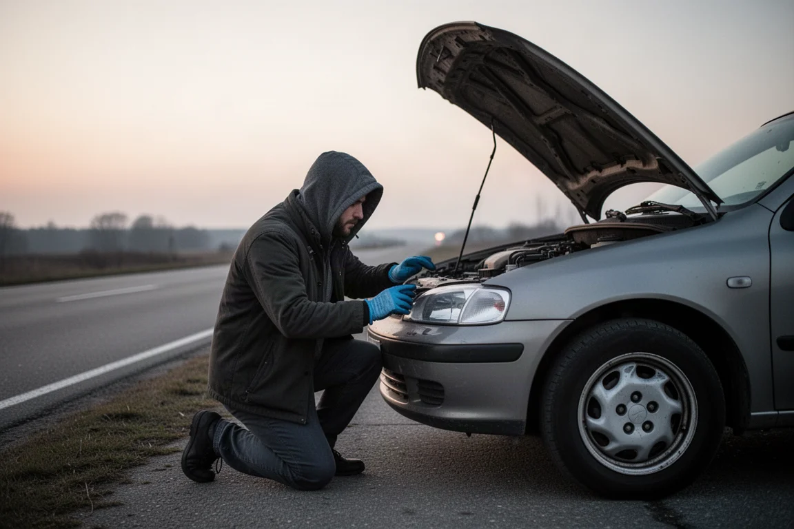 Förare som knäler vid en bil och kontrollerar motorrummet i svagt ljus