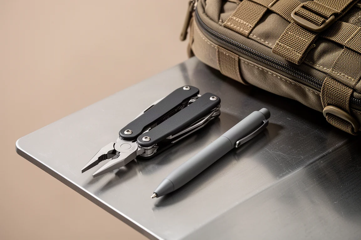 Compact multi-tool and matte pen beside a waterproof gear bag on a metal surface