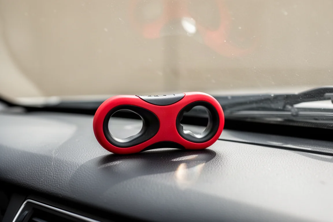 Compact glass breaker tool resting on a car dashboard