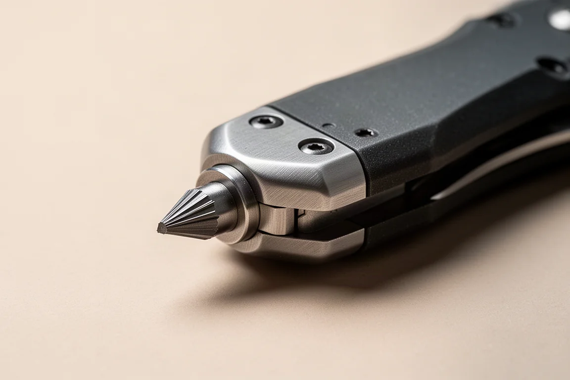 Carbide glass breaker tip on a folding knife in close-up