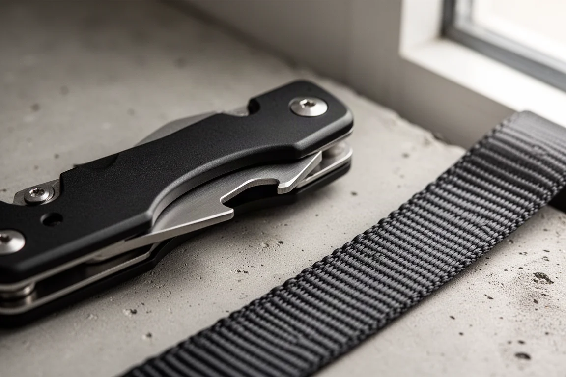 Seat belt cutter blade detail on a folded emergency tool