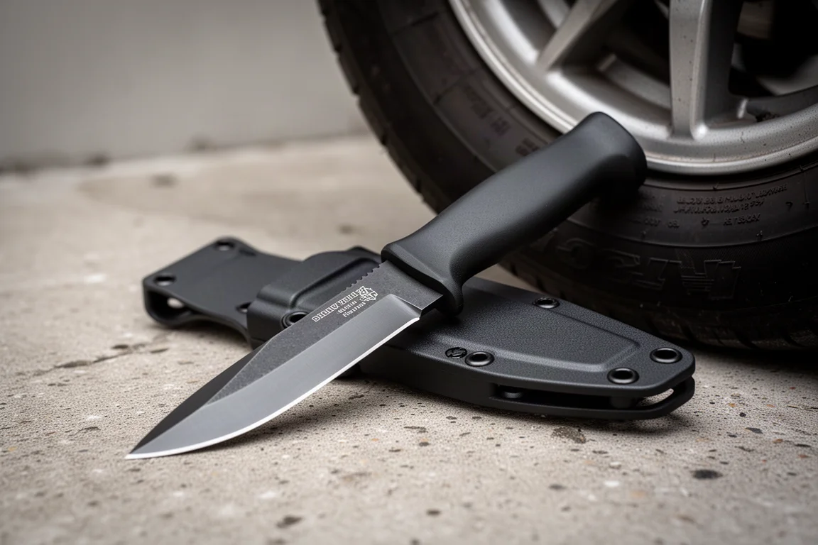 Fixed-blade knife with heavy pommel in a sheath on concrete