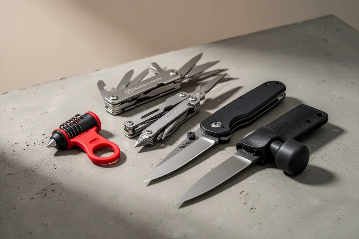 Vier Werkzeuge zur Fahrzeugflucht, darunter ein Glasbrecher, Multitools und Messer, auf einer Betonoberfläche angeordnet