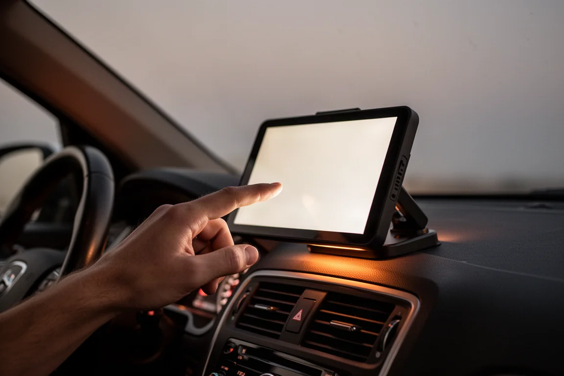 Mão do motorista se estendendo em direção à tela sensível ao toque no painel ao entardecer