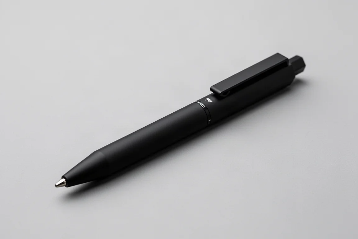 Matte black hexagonal ballpoint pen on a brushed wood desk surface