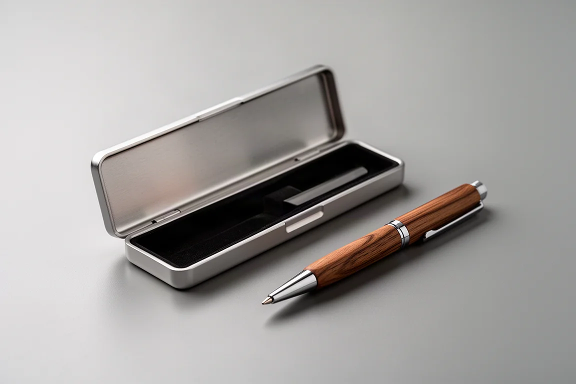 Hexagonal ballpoint pen resting beside its slim metal presentation case on a desk