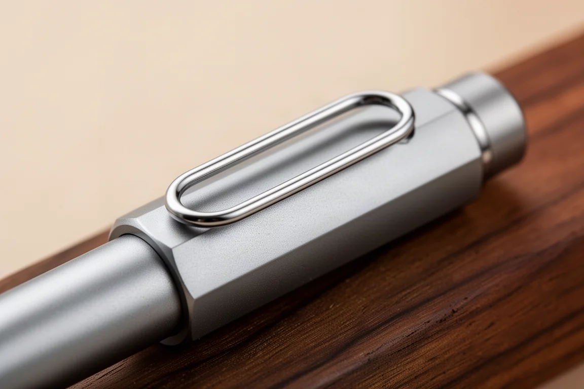 Close-up of a pen clip with engraved engraving resting on a dark wooden surface