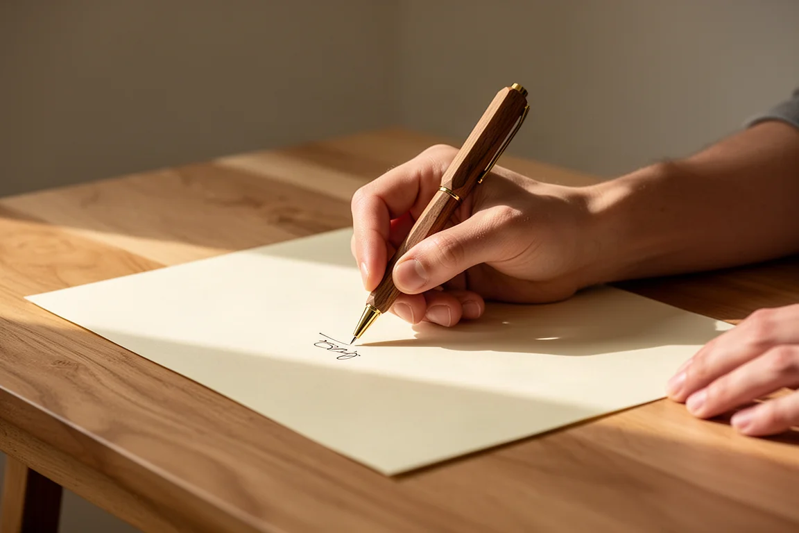 Hand signing a document on a clean desk with a premium pen in warm light