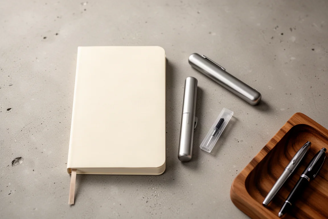 Writing instruments and a notebook arranged on a desk in soft morning light