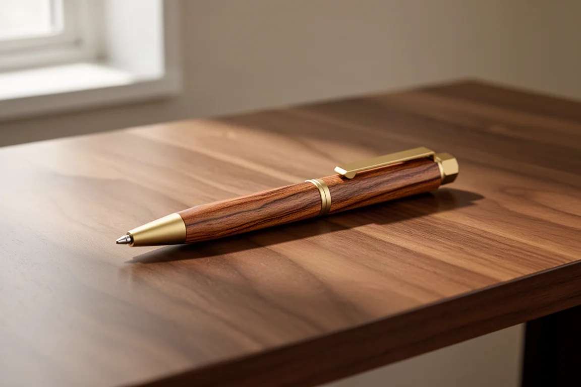Hexagonal ballpoint pen with wood-grain barrel resting on a walnut desk