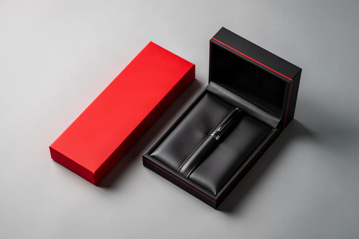 Red presentation sleeve and black gift box with red interior line