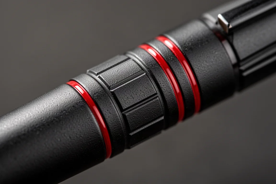 Close-up of engraved barrel texture and red racing stripes