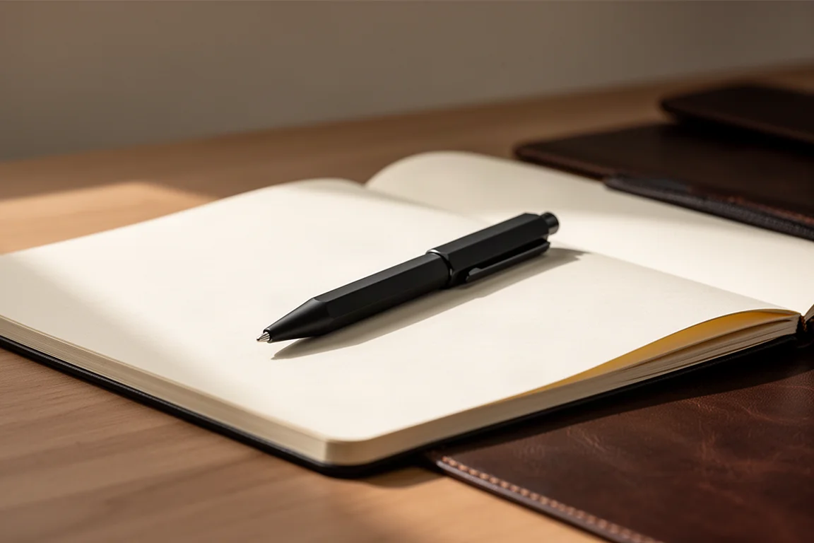 Black ballpoint resting on an open notebook on a tidy desk