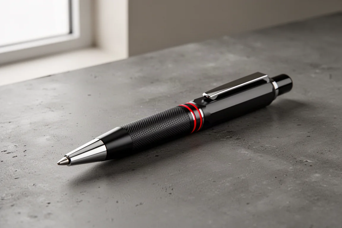 Matte black hexagonal luxury ballpoint pen with red stripes and silver clip on concrete surface