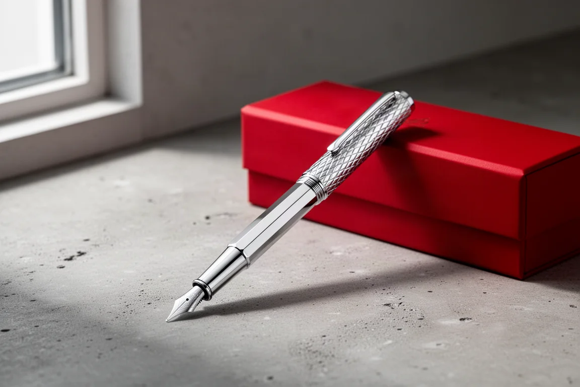 Silver-plated hexagonal fountain pen beside a red presentation box on concrete