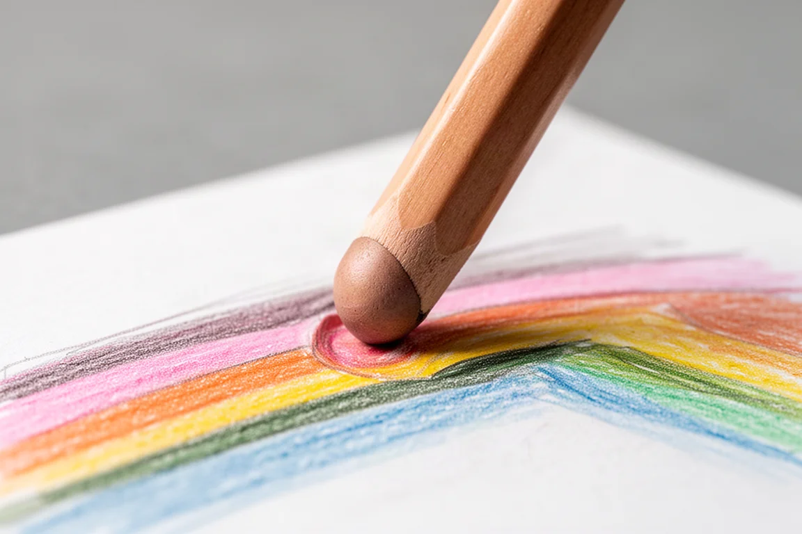 Buntstiftspitze drückt sich in aufgetragenes Pigment und hebt eine untere Schicht ab