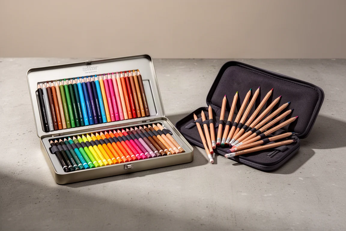 Two professional colored pencil sets displayed side by side on a neutral surface