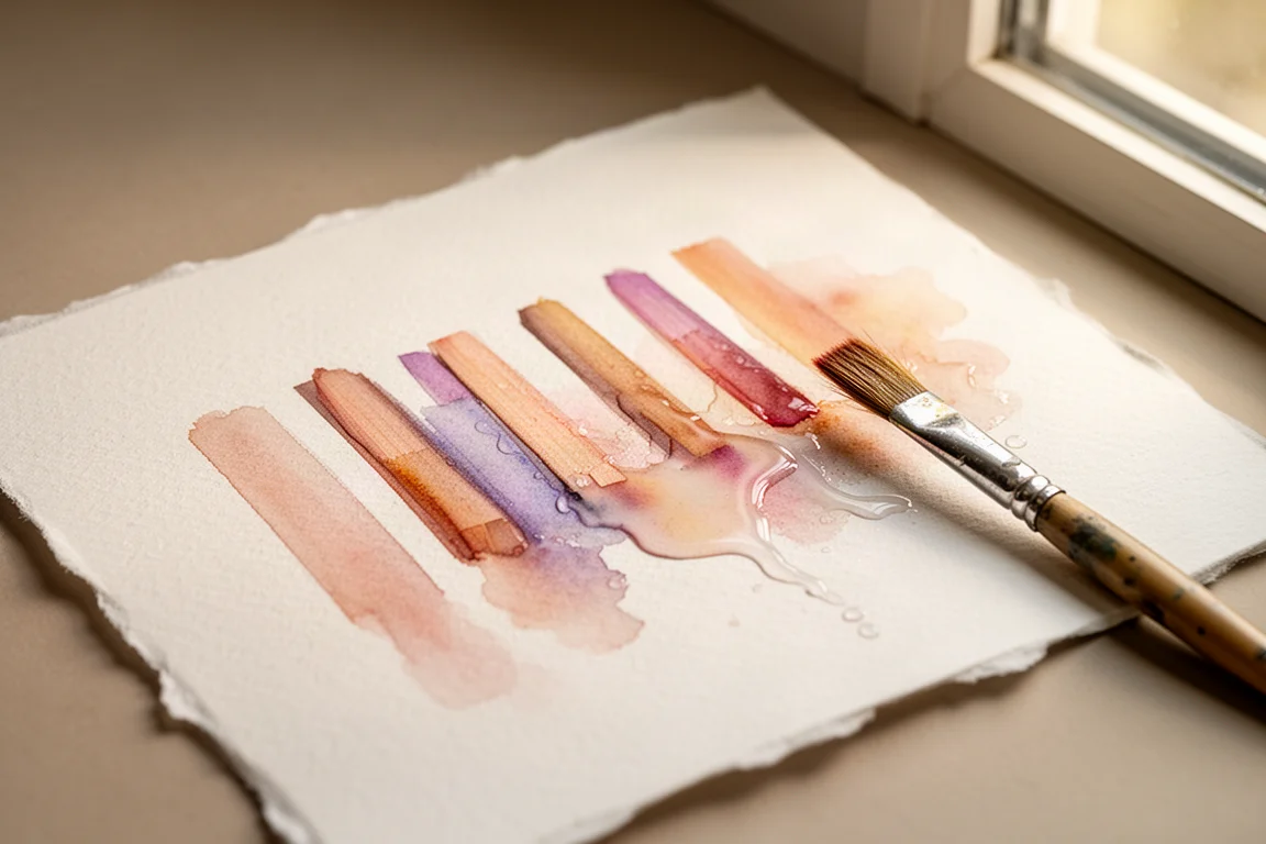 Trocknende Aquarellstift-Farbtafeln auf glattem Aquarellpapier