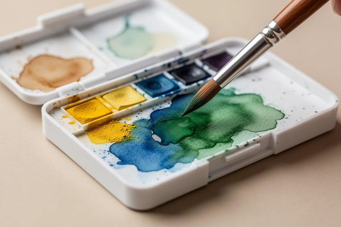 Hand vermischt zwei Aquarellstift-Pigmente auf einer kleinen faltbaren Palette