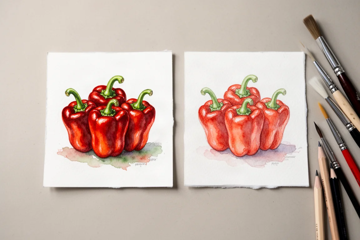 Zwei identische Zeichnungen von roten Paprika, koloriert mit verschiedenen Stiftsets