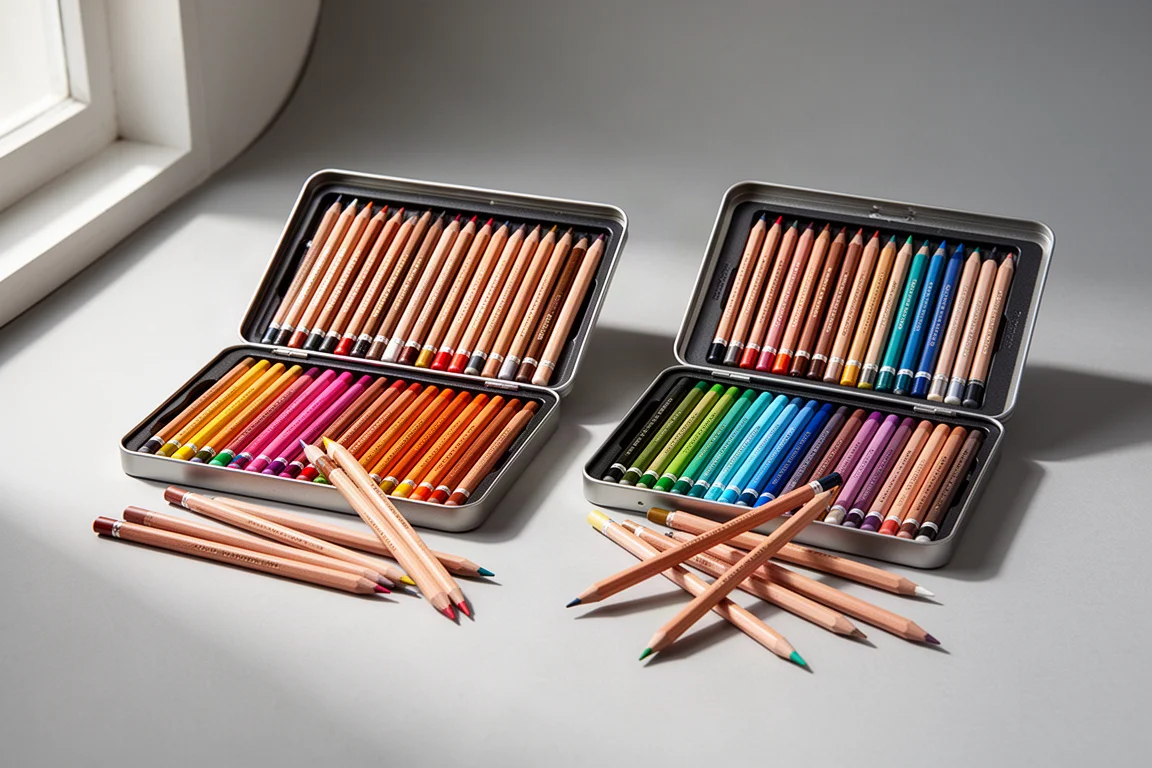Two open sets of watercolor pencils side by side on a grey studio surface