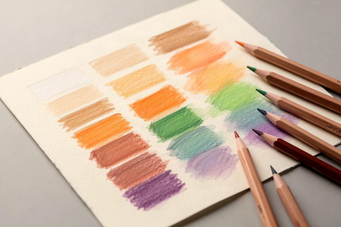 Colored pencil swatch layers and blended color tests on vellum paper
