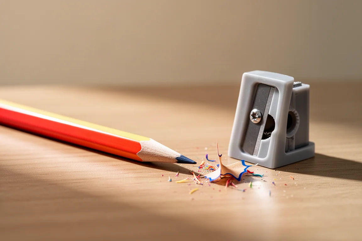 Hand sharpening a colored pencil over a desk