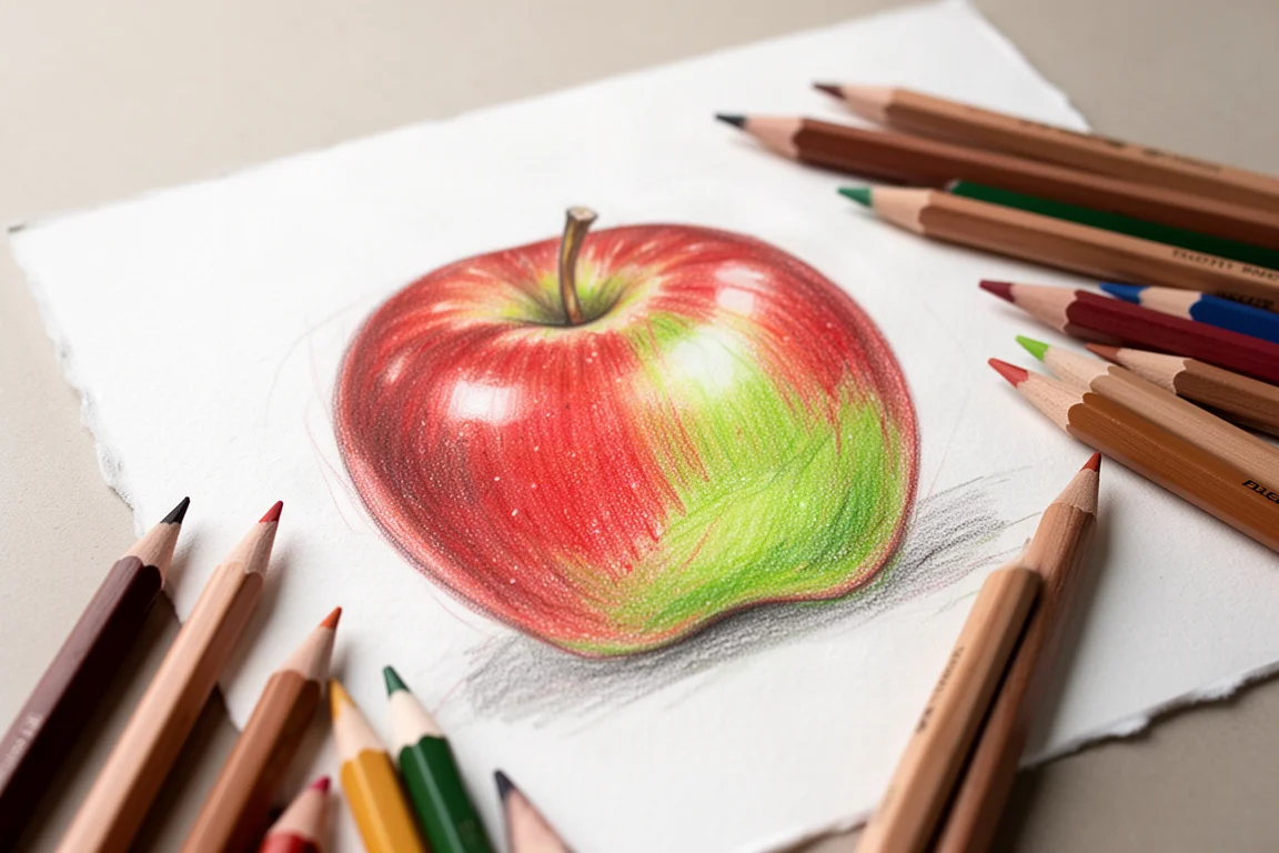Colored pencil apple artwork in progress on textured paper