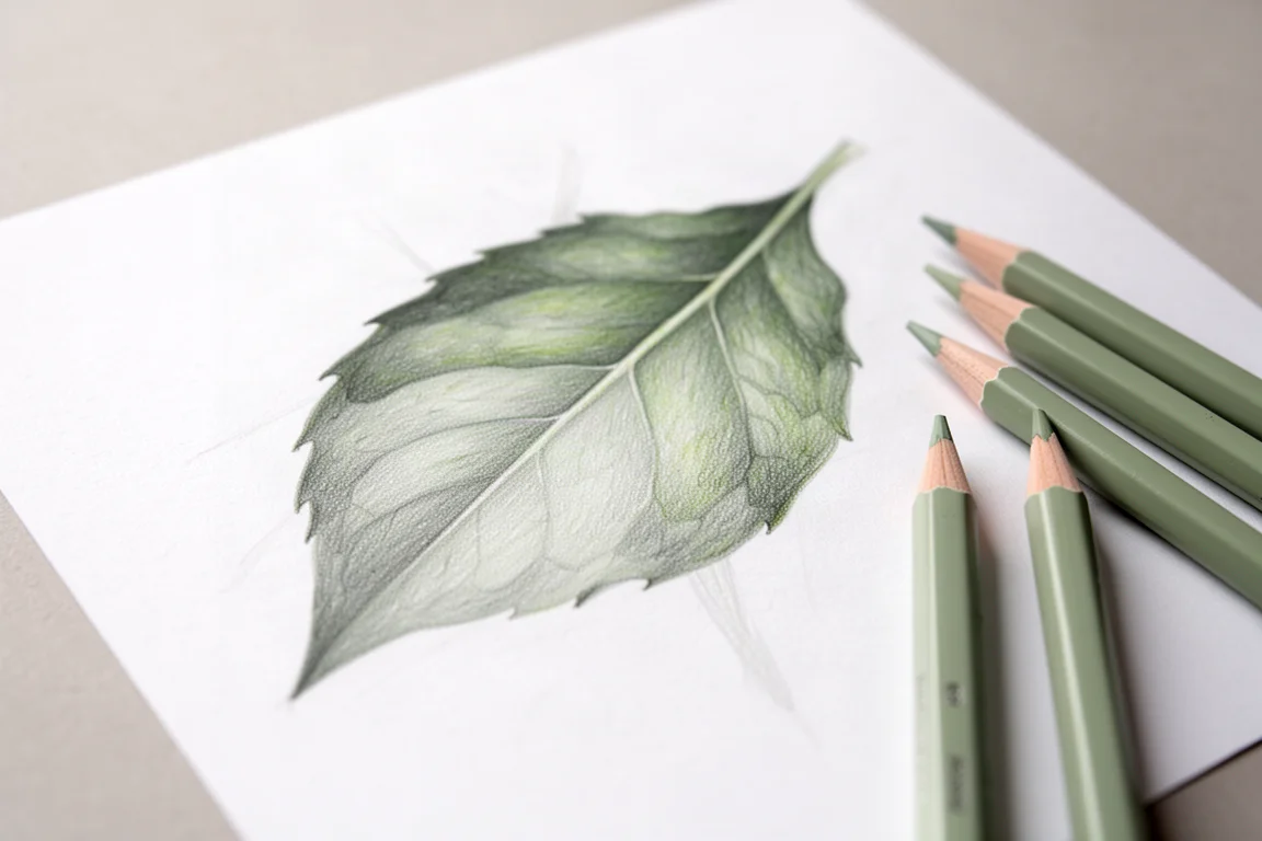 Botanical leaf study with pale green and gray tones in colored pencil