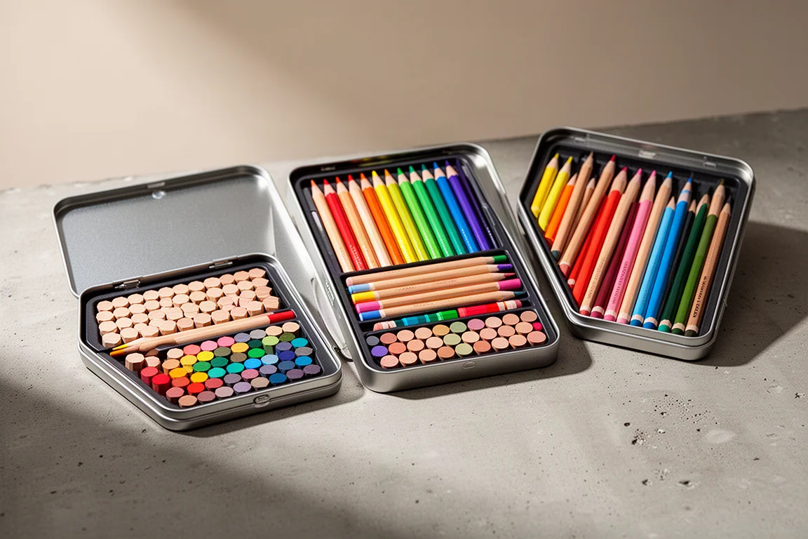 Three sets of professional colored pencils arranged side by side on a concrete surface