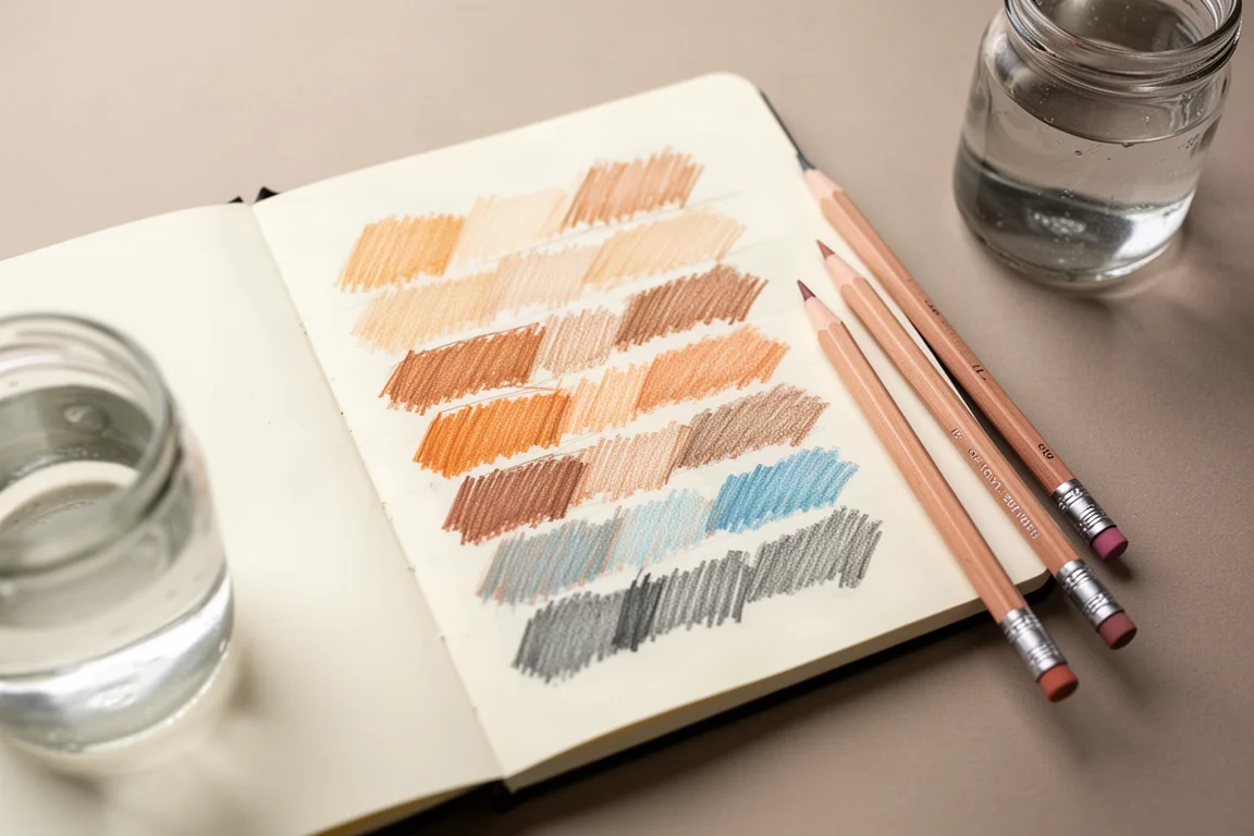 Watercolor pencils swatched in dry form across a sketchbook page