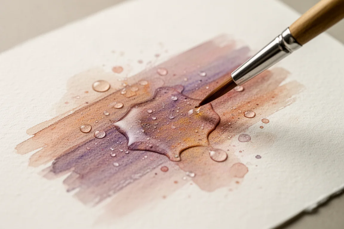 Water dissolving pencil strokes on textured watercolor paper